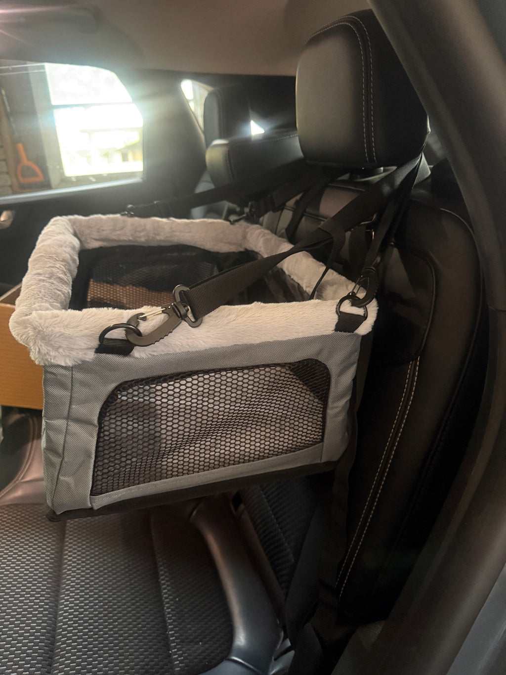 Hanging Dog Car Booster Seat | Headrest-Mounted Elevated Seat for Small Dogs up to 15 lbs
